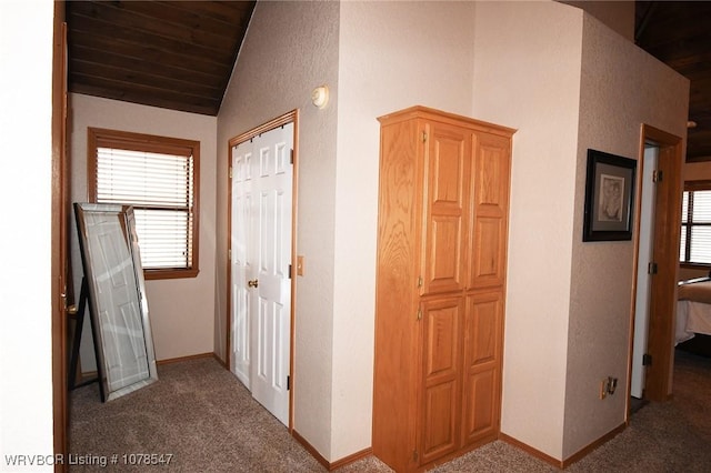 hall featuring vaulted ceiling and carpet floors