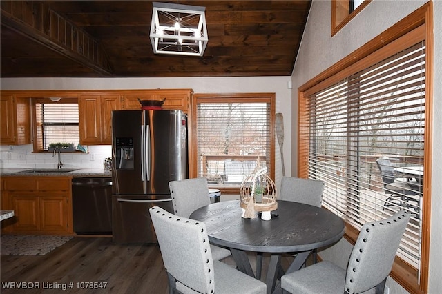 dining space featuring dark hardwood / wood-style flooring, lofted ceiling, sink, and wood ceiling