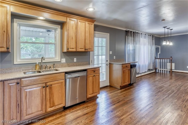 70 Haven Dr, Fort Smith, AR 72901 - kitchen with stainless steel dishwasher, a sink, crown molding, wood finished floors, and light countertops