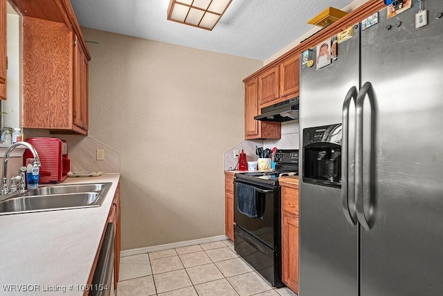 112179 S 4776th Rd, Muldrow, OK 74948 - kitchen featuring stainless steel refrigerator with ice dispenser, black electric range, a sink, under cabinet range hood, and light countertops
