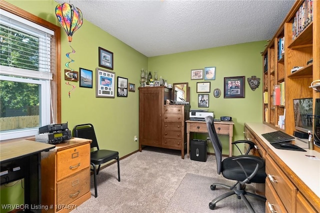 office space with light colored carpet and a textured ceiling