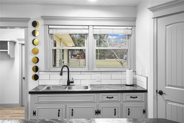 interior space with decorative backsplash, a sink, and wood finished floors