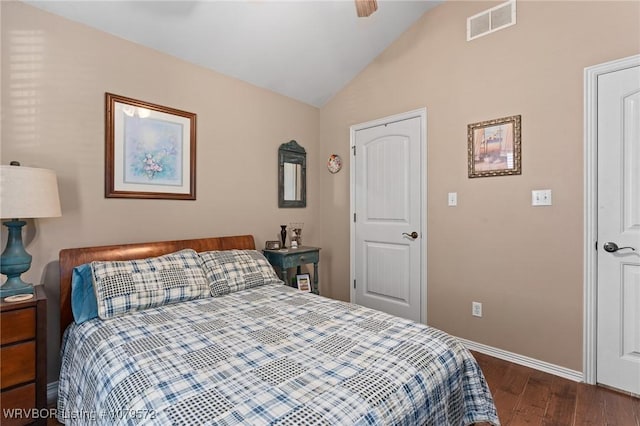 bedroom with visible vents, ceiling fan, baseboards, vaulted ceiling, and dark wood-style flooring