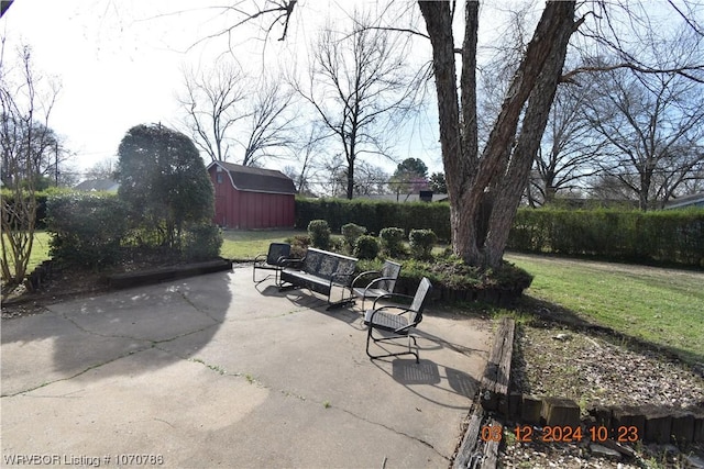 view of patio / terrace featuring an outdoor structure