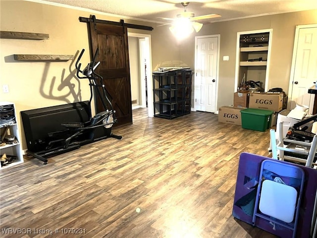 exercise room featuring a barn door, crown molding, a ceiling fan, and wood finished floors