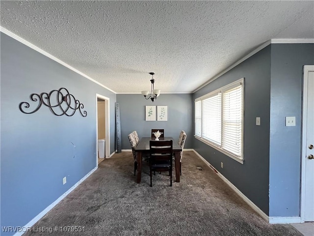 carpeted dining area with a chandelier, a textured ceiling, crown molding, and baseboards