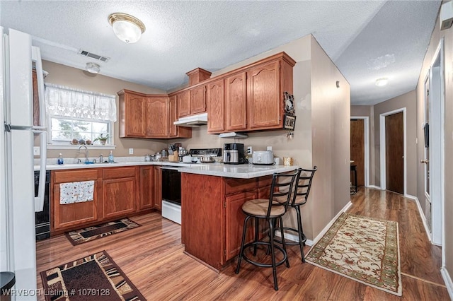 kitchen with light wood finished floors, white range with electric cooktop, brown cabinetry, light countertops, and a sink