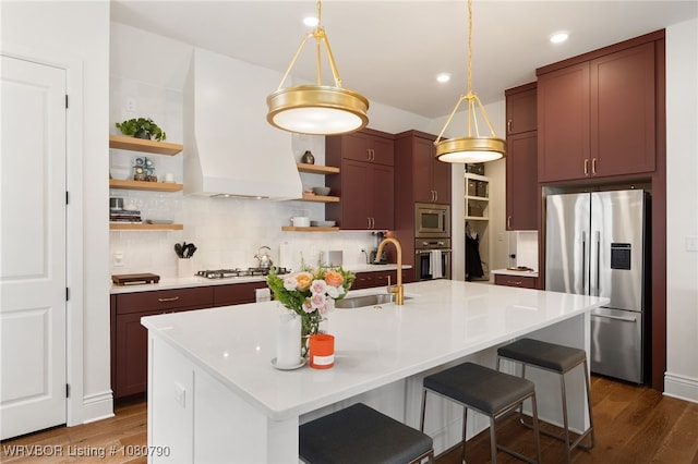 9101 Birkshire Pl, Fort Smith, AR 72916 - kitchen featuring dark wood-style flooring, a sink, premium range hood, open shelves, and appliances with stainless steel finishes