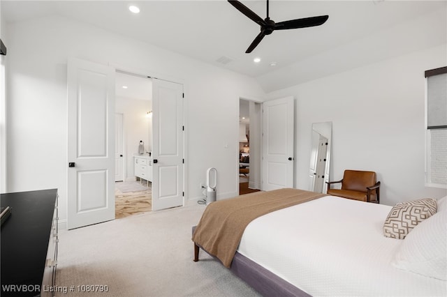 9101 Birkshire Pl, Fort Smith, AR 72916 - carpeted bedroom featuring connected bathroom, visible vents, baseboards, vaulted ceiling, and recessed lighting
