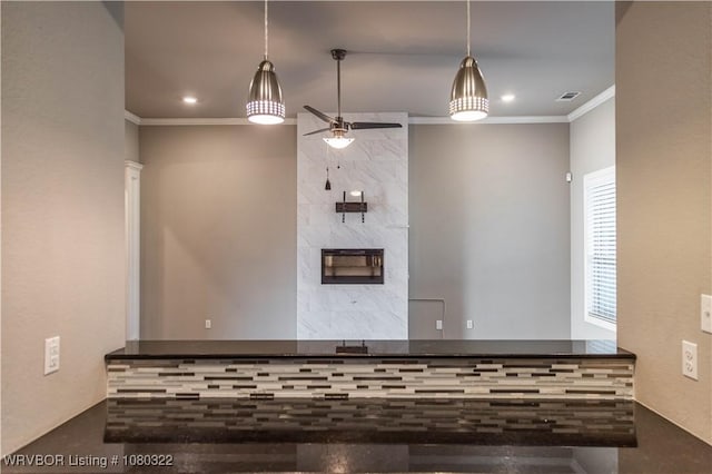 interior space featuring recessed lighting, visible vents, crown molding, and a ceiling fan