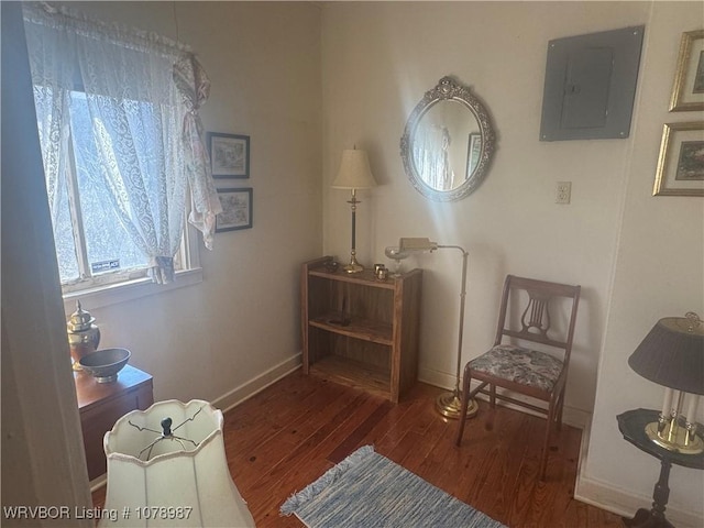 sitting room featuring dark wood-type flooring and electric panel