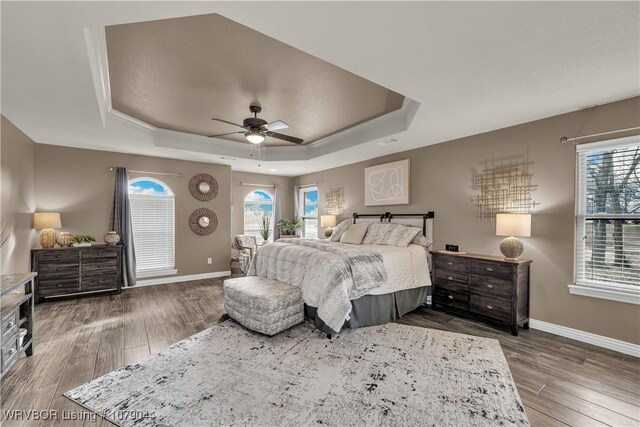 2601 Bugscuffle Rd, Lavaca, AR 72941 - bedroom with a tray ceiling, wood finished floors, and a ceiling fan
