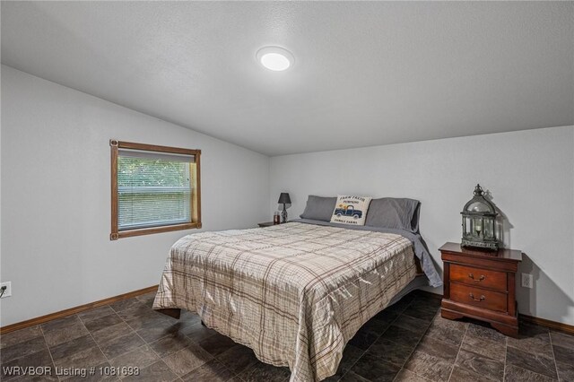 11667 Falling Rock Rd, Havana, AR 72842 - bedroom featuring vaulted ceiling and dark stone finish flooring