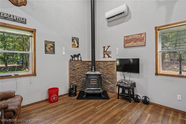 11667 Falling Rock Rd, Havana, AR 72842 - living area with a wood stove, wood finished floors, and an AC wall unit