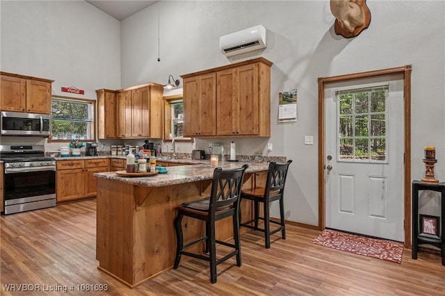 11667 Falling Rock Rd, Havana, AR 72842 - kitchen featuring appliances with stainless steel finishes, a wall mounted AC, a towering ceiling, light wood finished floors, and a peninsula