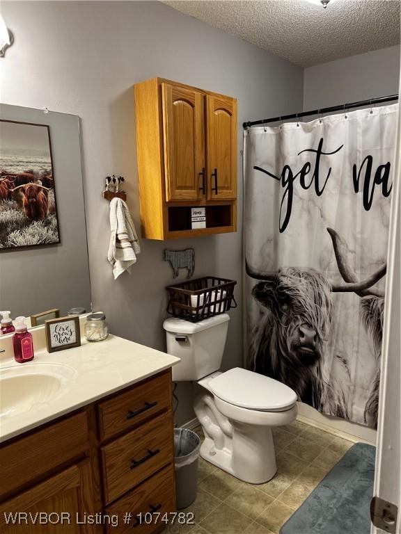 bathroom with vanity, a textured ceiling, toilet, and walk in shower