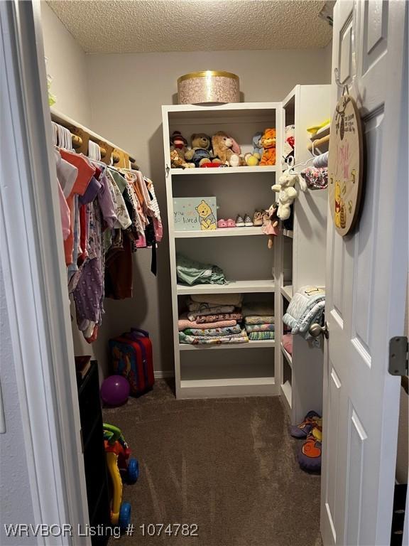 walk in closet featuring dark colored carpet