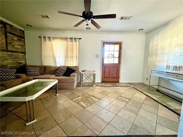 living room featuring ceiling fan, light tile patterned flooring, and crown molding