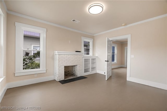 unfurnished living room with crown molding and a fireplace