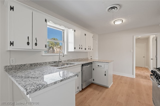 kitchen with dishwasher, gas range, a peninsula, white cabinetry, and a sink