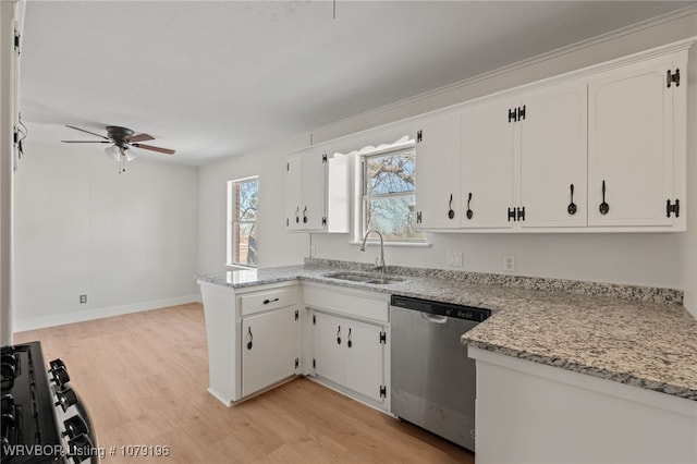 kitchen with a sink, white cabinets, and dishwasher