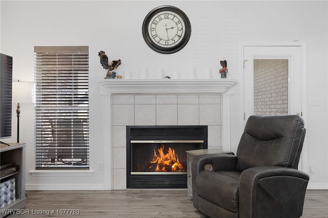 living area featuring a fireplace and hardwood / wood-style floors