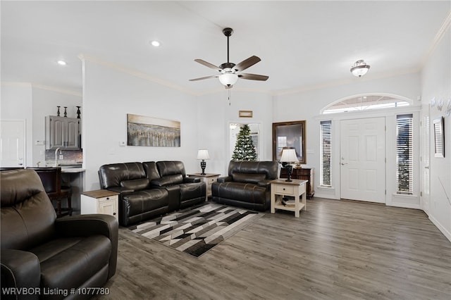 living room featuring ceiling fan, dark wood-type flooring, and ornamental molding