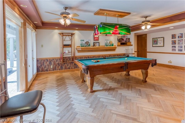 rec room with ceiling fan, crown molding, billiards, and light parquet flooring