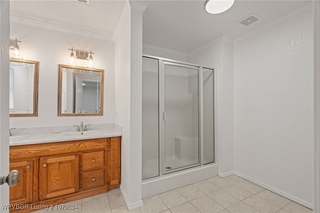 full bathroom featuring visible vents, tile patterned flooring, a shower stall, and crown molding