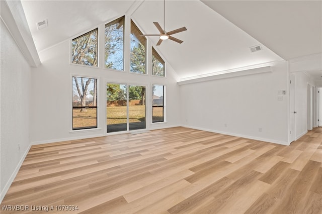 unfurnished living room with high vaulted ceiling, visible vents, light wood finished floors, and ceiling fan