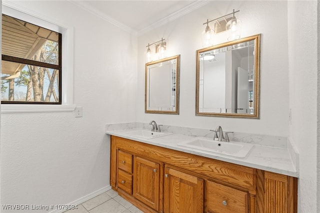 full bathroom with tile patterned flooring, crown molding, double vanity, and a sink