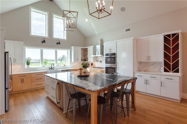 kitchen featuring backsplash, stainless steel appliances, decorative light fixtures, a center island, and white cabinetry