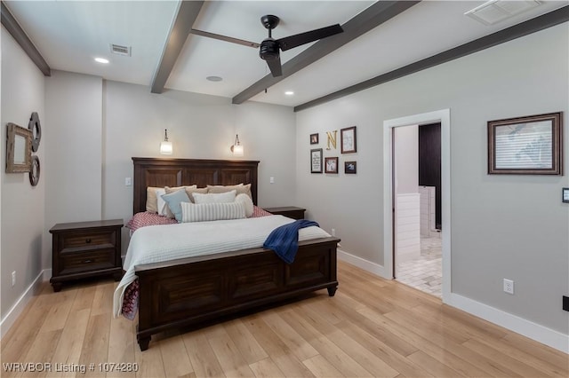 bedroom with ceiling fan, beamed ceiling, and light wood-type flooring