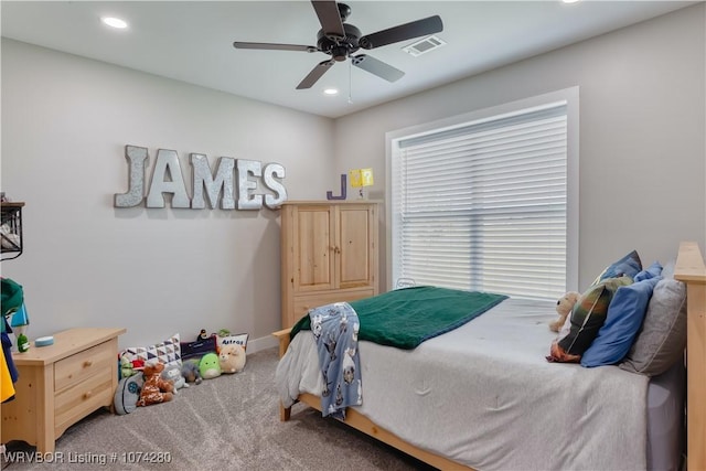 bedroom with carpet flooring and ceiling fan