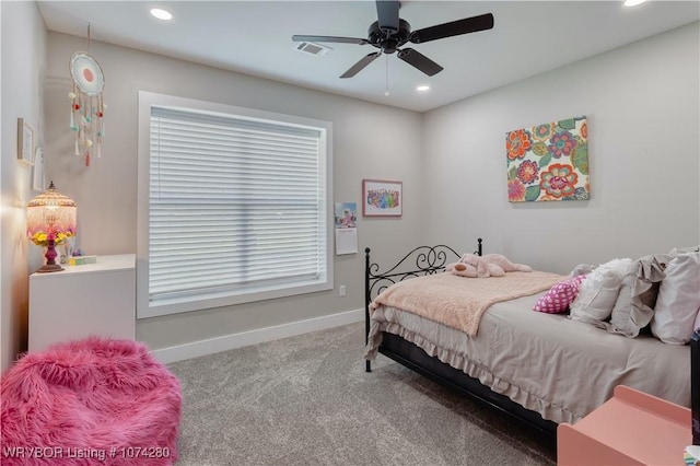 carpeted bedroom featuring ceiling fan