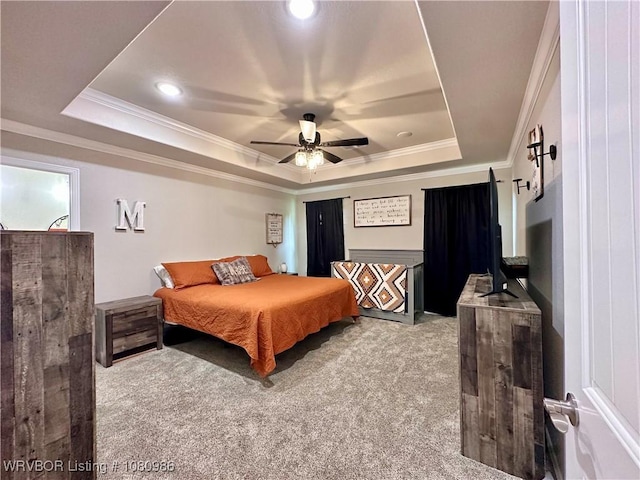 309 Arcadia Dr, Poteau, OK 74953 - bedroom with a tray ceiling, carpet flooring, ornamental molding, recessed lighting, and ceiling fan