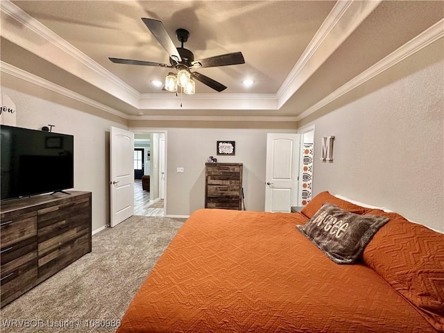 309 Arcadia Dr, Poteau, OK 74953 - carpeted bedroom with a raised ceiling, crown molding, baseboards, and ceiling fan