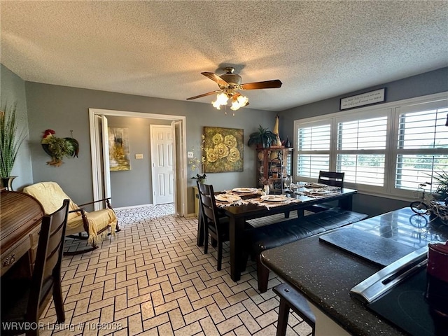 7434 N 217th Hwy, Charleston, AR 72933 - dining room with a ceiling fan, a textured ceiling, and brick patterned floors