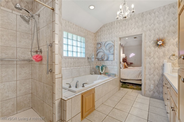 6501 Galven Way, Fort Smith, AR 72916 - ensuite bathroom with vanity, a garden tub, a shower stall, tile patterned flooring, and a chandelier