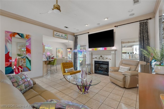 6501 Galven Way, Fort Smith, AR 72916 - living room with light tile patterned flooring, ornamental molding, a ceiling fan, a fireplace, and recessed lighting