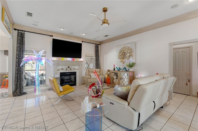 6501 Galven Way, Fort Smith, AR 72916 - living area featuring crown molding, light tile patterned flooring, a ceiling fan, a fireplace, and healthy amount of natural light