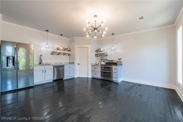 8721 Northshore Dr, Hackett, AR 72937 - kitchen featuring stainless steel appliances, open shelves, a chandelier, dark wood-type flooring, and pendant lighting