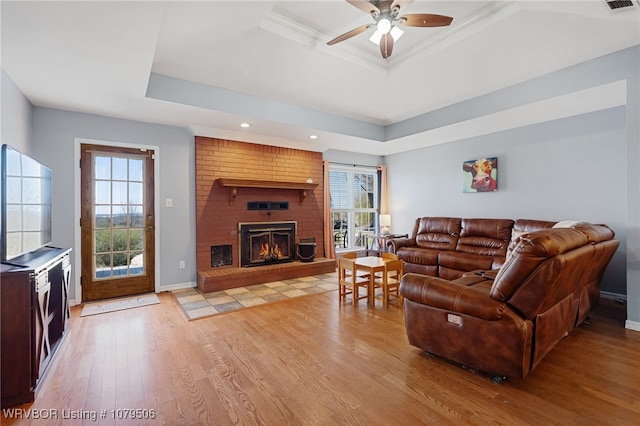 living area with a wealth of natural light, a tray ceiling, light wood-style flooring, and a fireplace