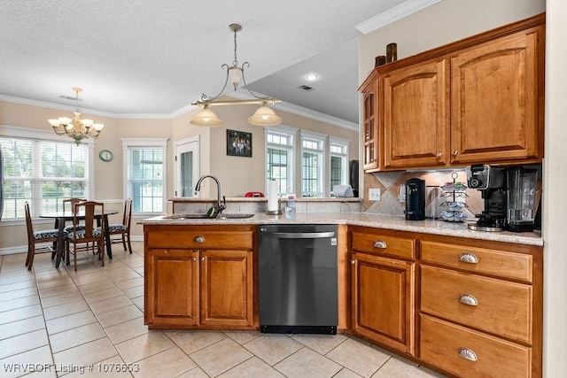 kitchen with dishwasher, pendant lighting, ornamental molding, and a notable chandelier