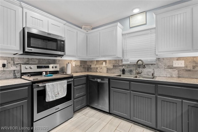 kitchen featuring sink, gray cabinets, appliances with stainless steel finishes, white cabinetry, and decorative backsplash