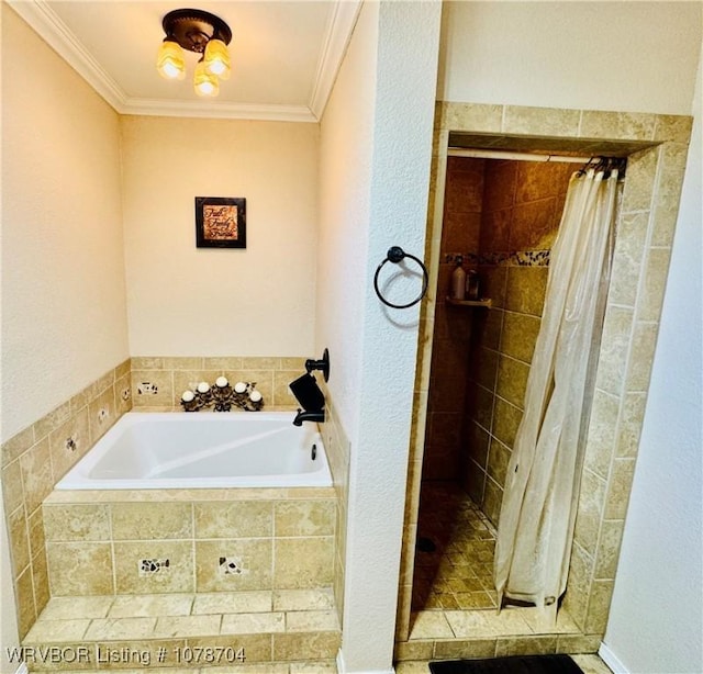 bathroom with independent shower and bath and crown molding