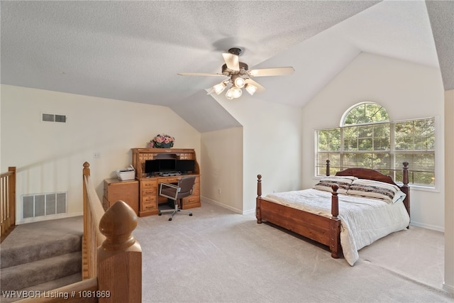 3109 Twin Lakes Pl, Alma, AR 72921 - bedroom with vaulted ceiling, light carpet, an office area, ceiling fan, and a textured ceiling