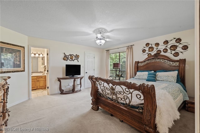 3109 Twin Lakes Pl, Alma, AR 72921 - bedroom featuring light colored carpet, ensuite bathroom, ceiling fan, a textured ceiling, and access to outside