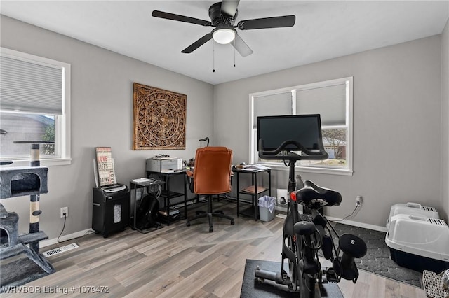 office featuring visible vents, light wood-style flooring, baseboards, and ceiling fan