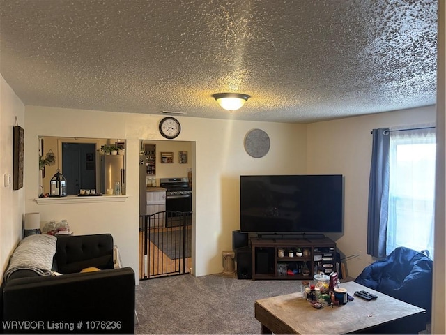 carpeted living room featuring a textured ceiling